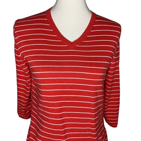 Lands' End 3/4 Sleeve V Neck Sweater Size PM Petite Medium 10-12 Coral White - Picture 2 of 6